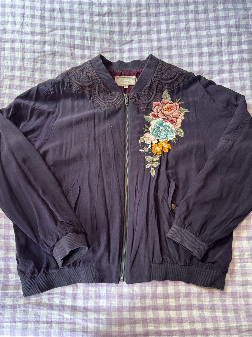 Johnny Was Plum Silk Bomber Jacket with Embroidered Floral Applique